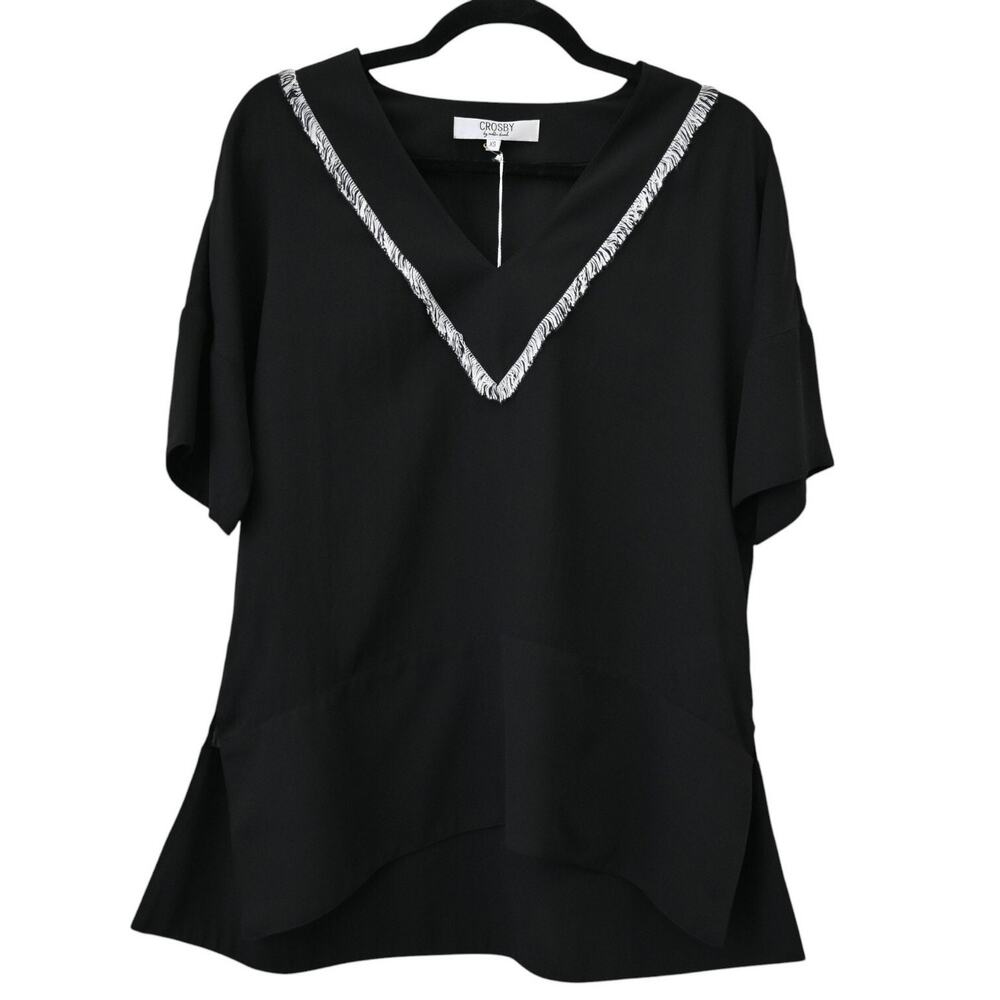 Crosby by Mollie Burch Suzie Fringed Black Short Sleeve Tunic Size XS